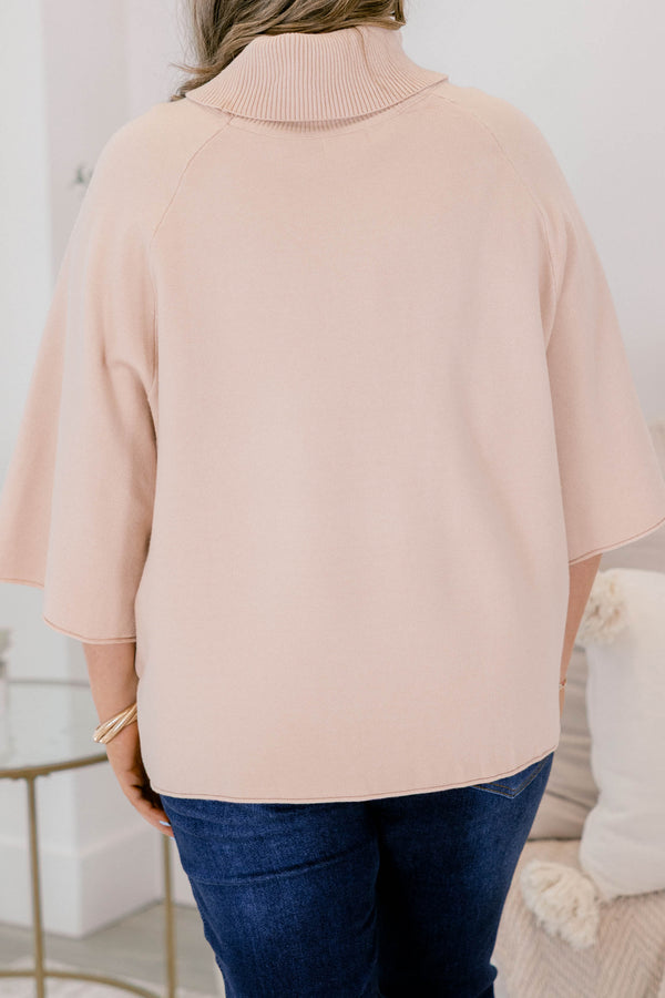 Chic Soul plus size clothing, light tan 3/4 wide sleeve turtle neck sweater