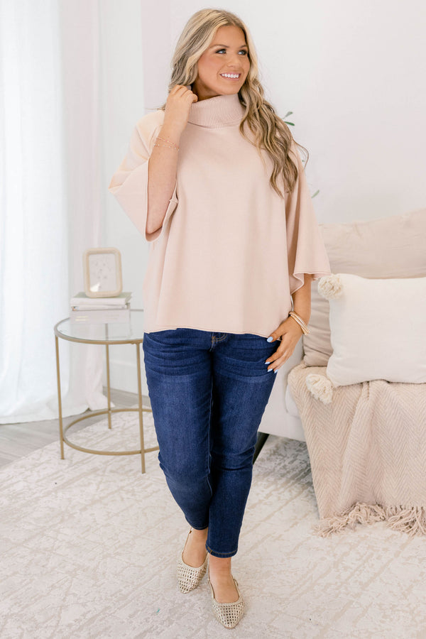 Chic Soul plus size clothing, light tan 3/4 wide sleeve turtle neck sweater