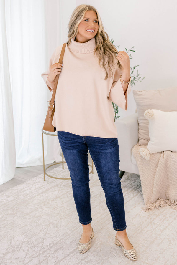 Chic Soul plus size clothing, light tan 3/4 wide sleeve turtle neck sweater