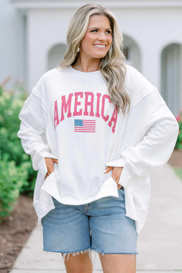 Plus Size ivory crew neck sweatshirt with a red distressed America graphic