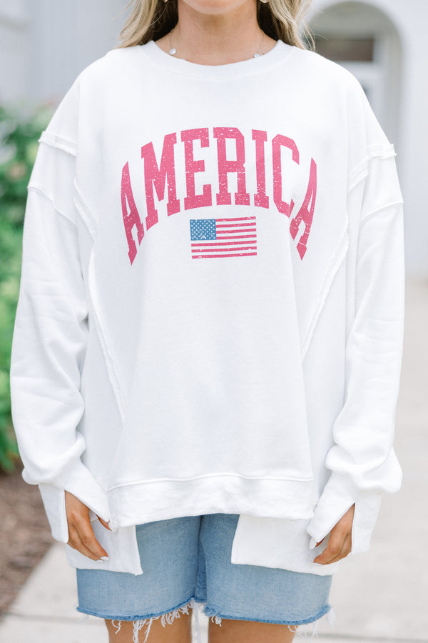Plus Size ivory crew neck sweatshirt with a red distressed America graphic