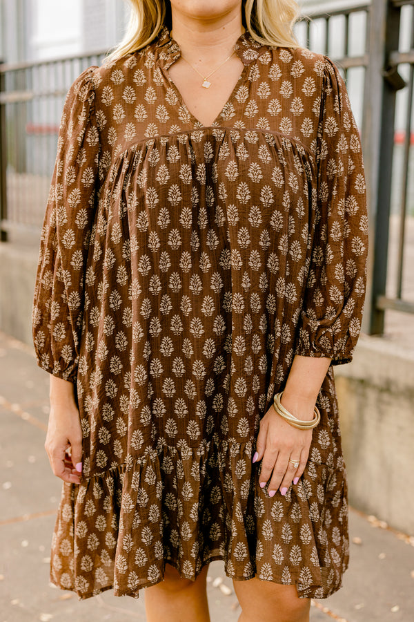 Chic Soul plus size clothing, brown long sleeve knee length dress with white block stamp pattern 
