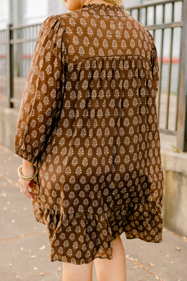 Chic Soul plus size clothing, brown long sleeve knee length dress with white block stamp pattern 