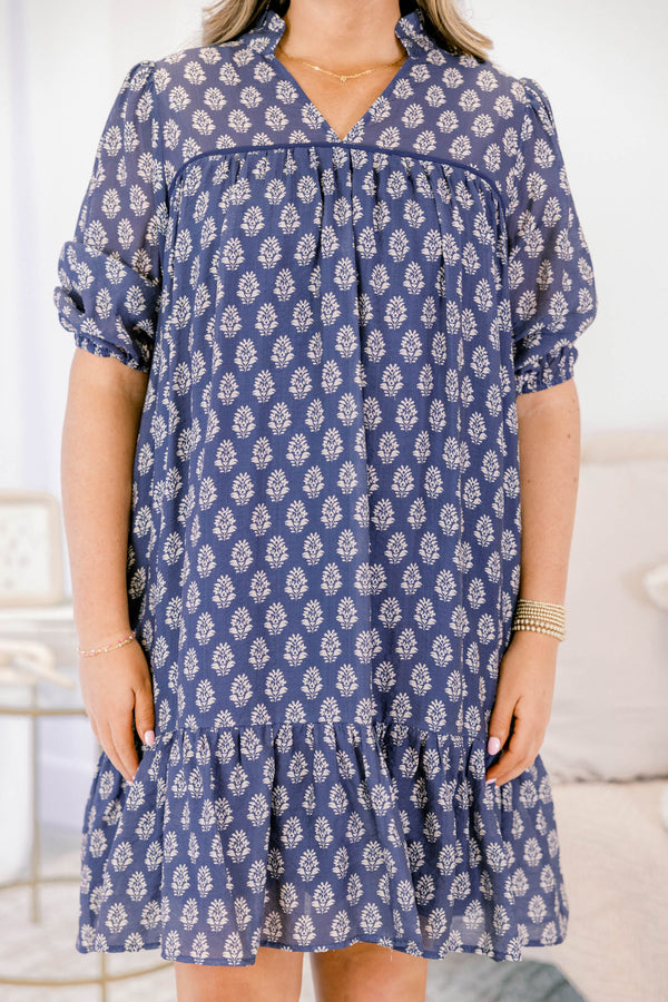 Chic Soul plus size clothing, navy knee length dress with 3/4 length sleeves and white block pattern floral detail