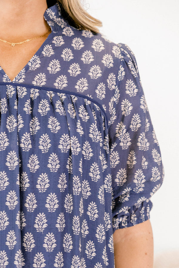 Chic Soul plus size clothing, navy knee length dress with 3/4 length sleeves and white block pattern floral detail