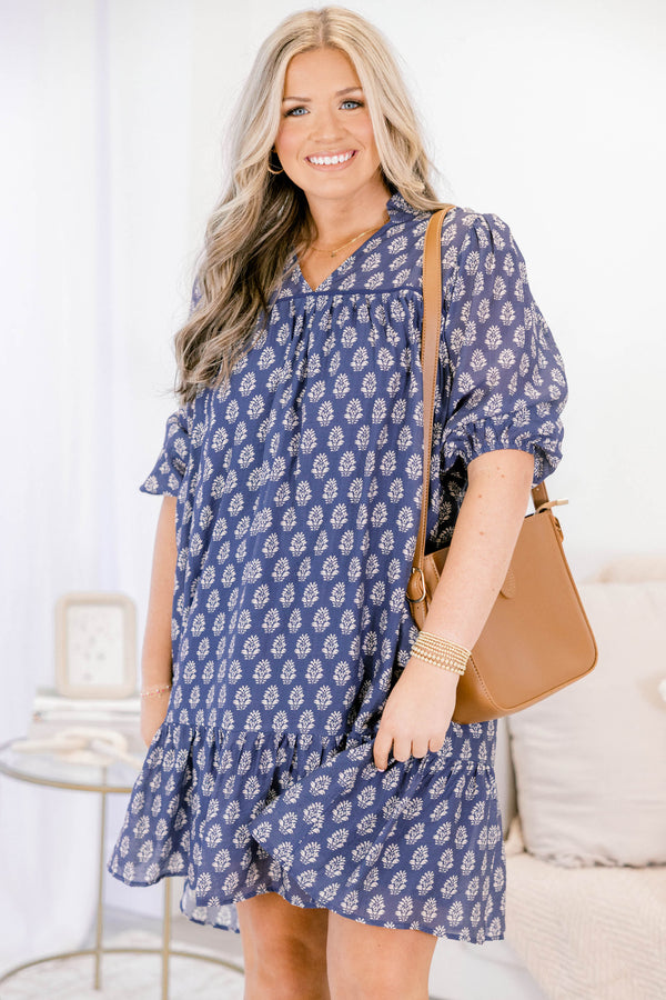 Chic Soul plus size clothing, navy knee length dress with 3/4 length sleeves and white block pattern floral detail