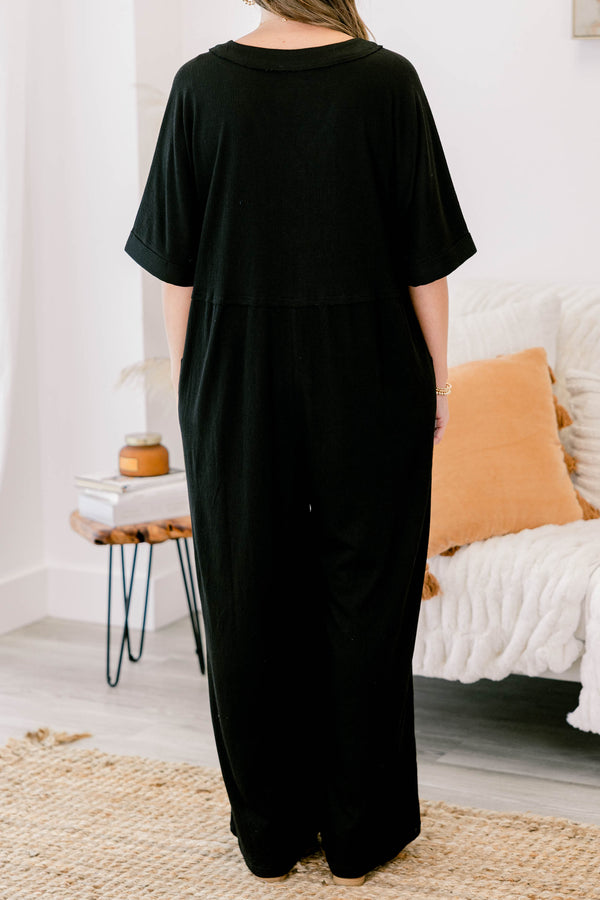 Chic Soul plus size clothing, black short bell sleeve pants jumpsuit with brown buttons down the front