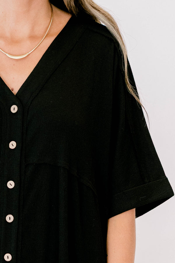 Chic Soul plus size clothing, black short bell sleeve pants jumpsuit with brown buttons down the front