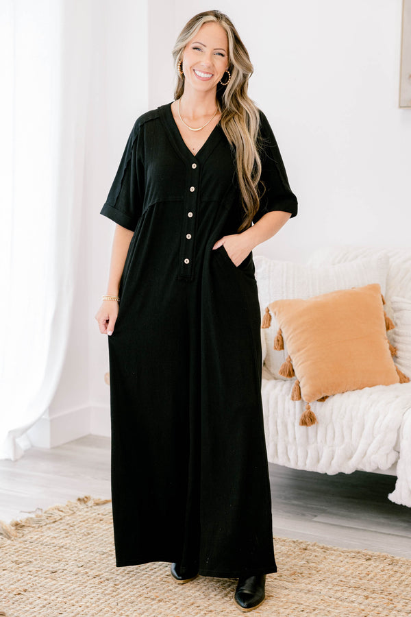 Chic Soul plus size clothing, black short bell sleeve pants jumpsuit with brown buttons down the front