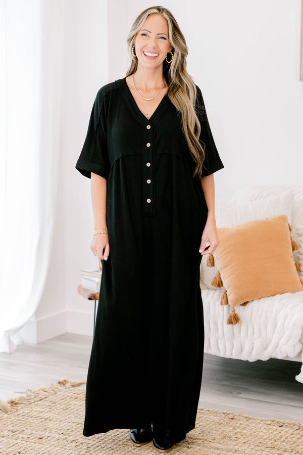 Chic Soul plus size clothing, black short bell sleeve pants jumpsuit with brown buttons down the front