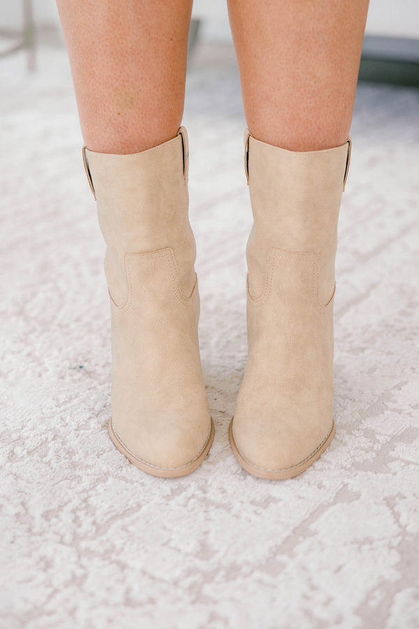 Chic Soul plus size clothing, light tan suede western style booties with block heel