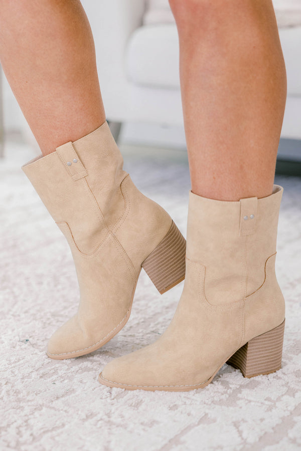 Chic Soul plus size clothing, light tan suede western style booties with block heel
