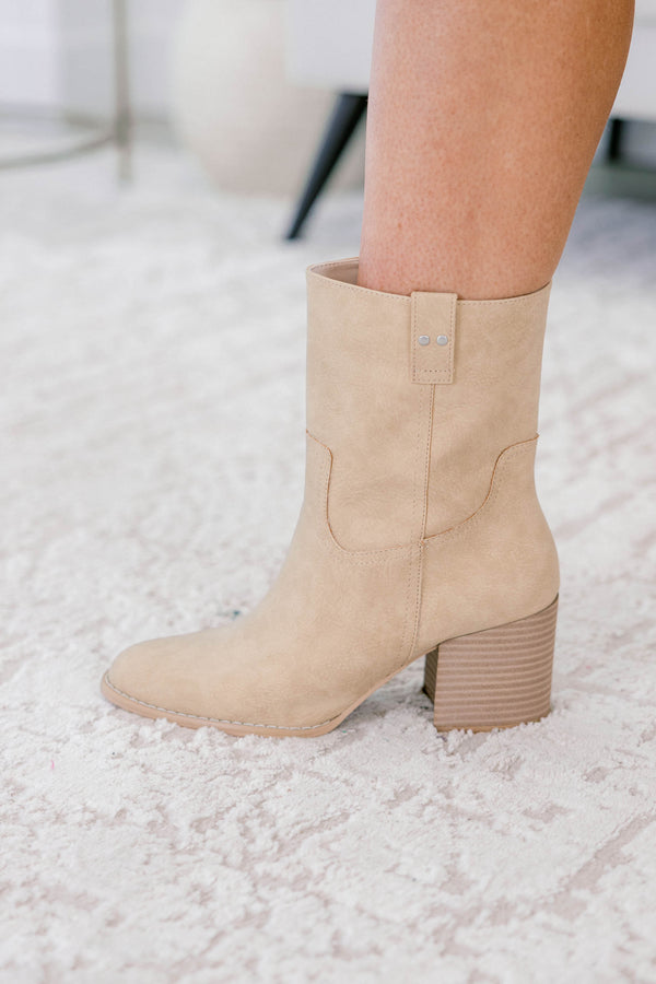 Chic Soul plus size clothing, light tan suede western style booties with block heel