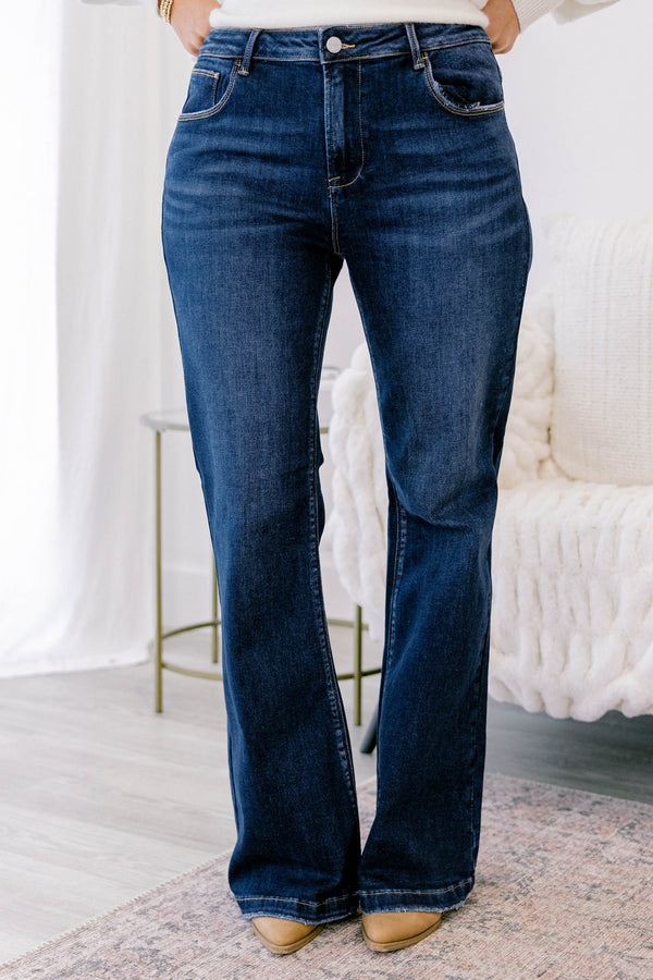 Chic Soul plus size clothing, dark wash bootcut jeans with a slightly distressed hem
