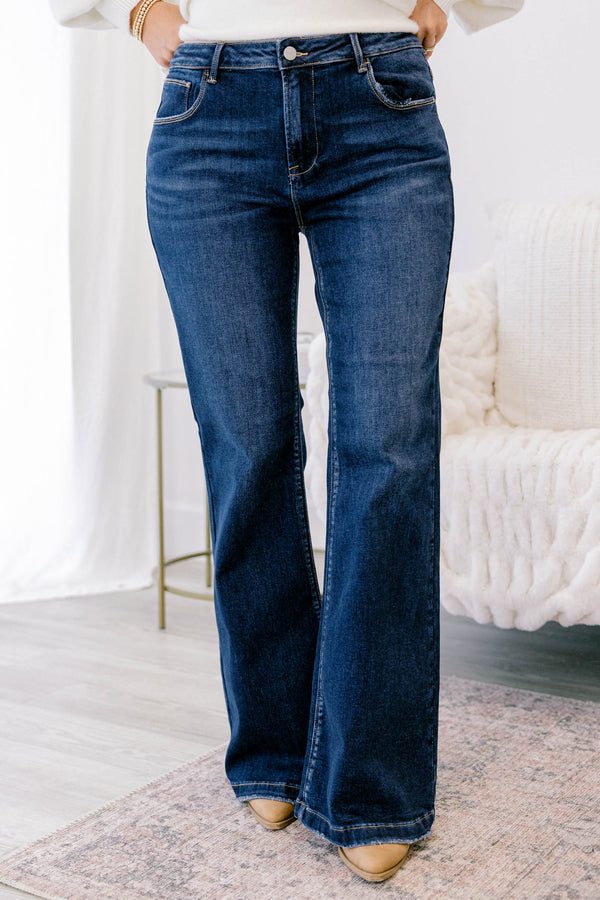 Chic Soul plus size clothing, dark wash bootcut jeans with a slightly distressed hem
