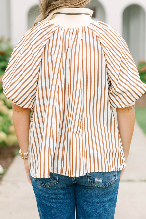 Plus size chocolate striped blouse with puff sleeves and collar with zipper placket