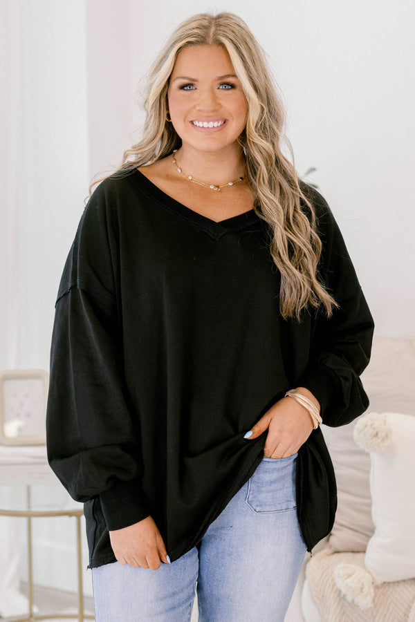 Chic Soul plus size clothing, black long sleeve v-neck pullover