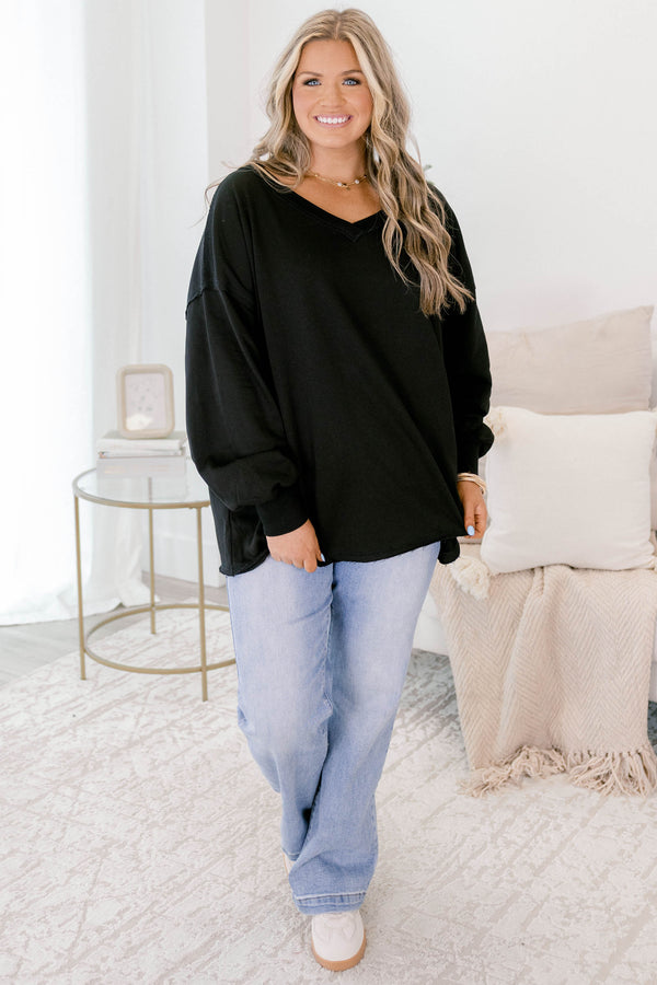 Chic Soul plus size clothing, black long sleeve v-neck pullover