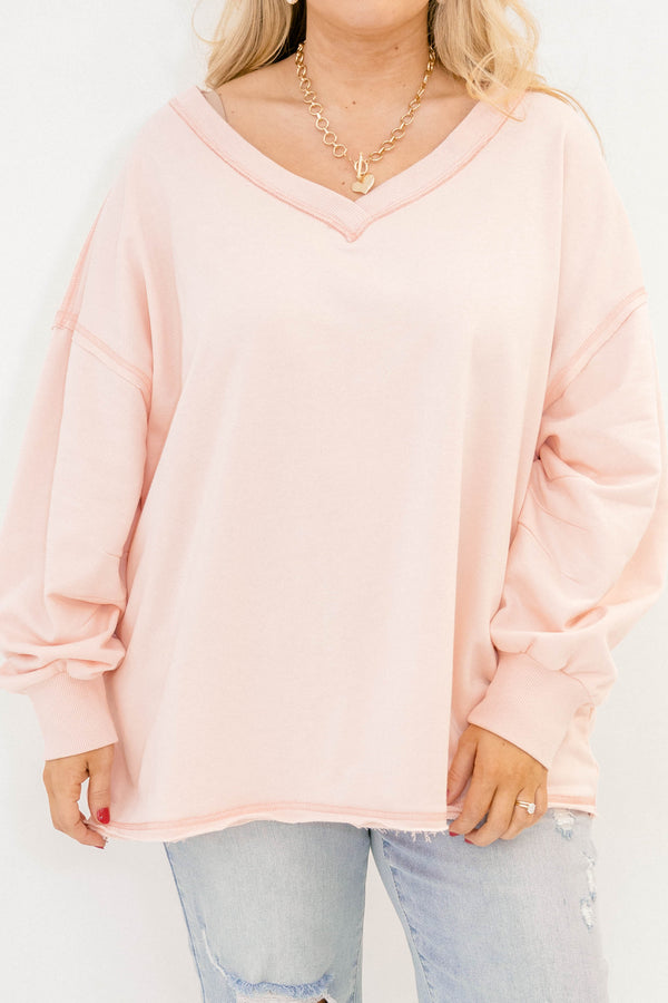 Chic Soul plus size clothing, pink long sleeve pullover with a slight v-neckline 