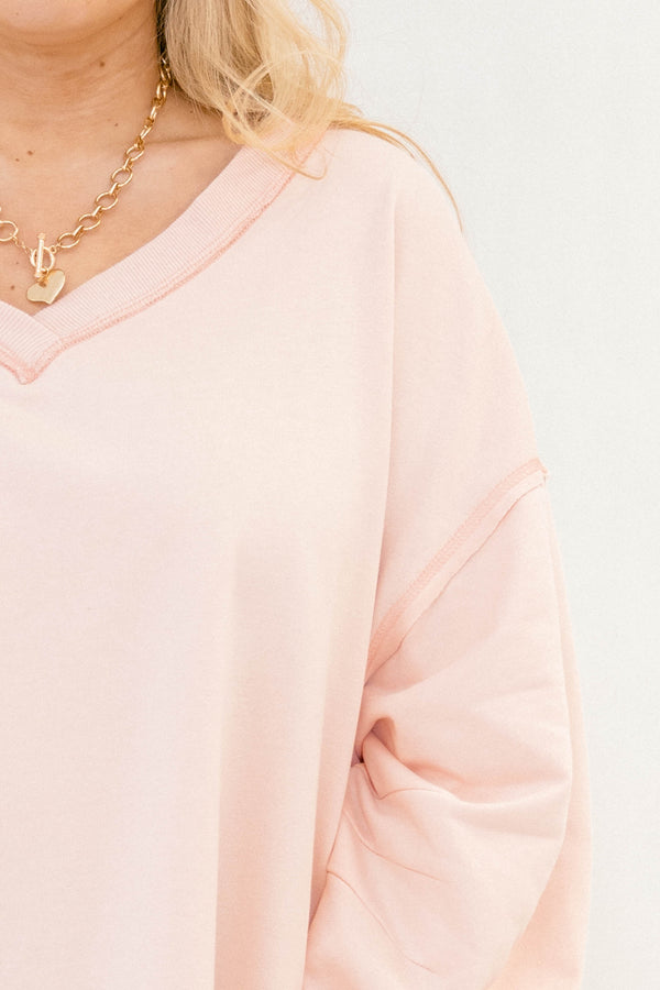 Chic Soul plus size clothing, pink long sleeve pullover with a slight v-neckline 