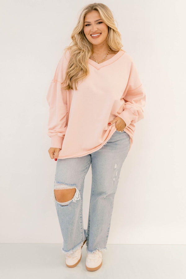 Chic Soul plus size clothing, pink long sleeve pullover with a slight v-neckline 