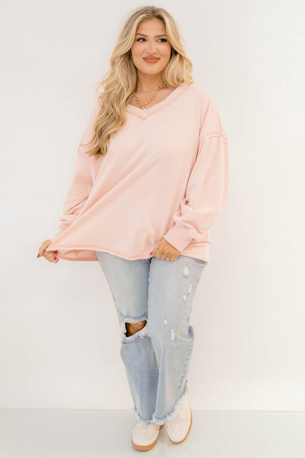 Chic Soul plus size clothing, pink long sleeve pullover with a slight v-neckline 