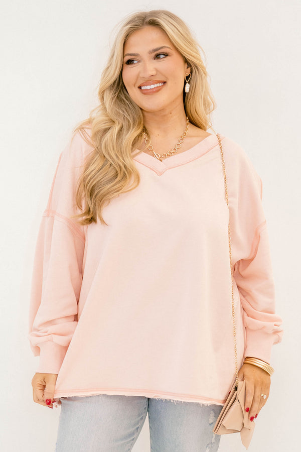 Chic Soul plus size clothing, pink long sleeve pullover with a slight v-neckline 