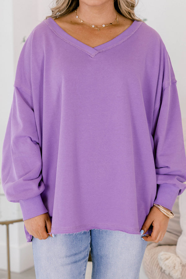 Chic Soul plus size clothing, purple pullover with long bubble sleeves as well as a slight v-neckline 