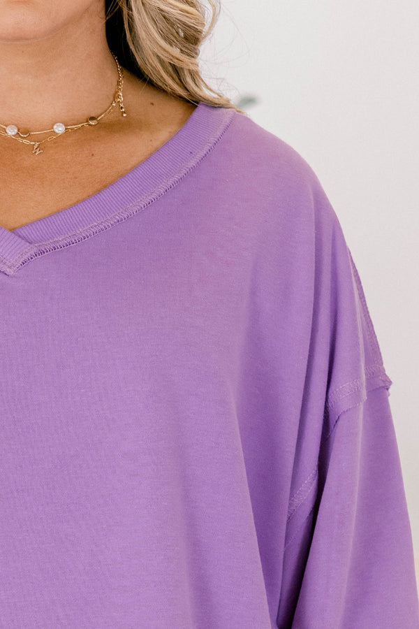 Chic Soul plus size clothing, purple pullover with long bubble sleeves as well as a slight v-neckline 