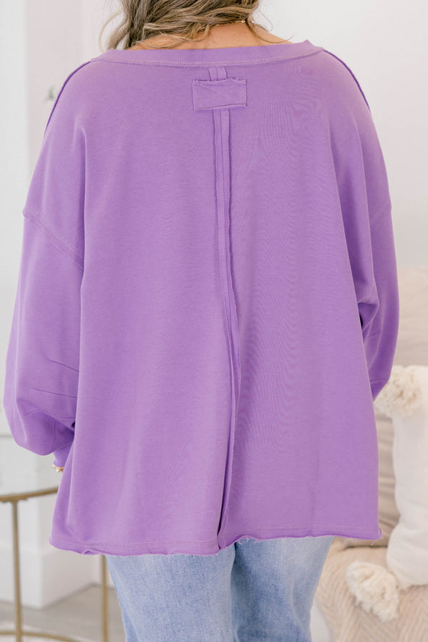 Chic Soul plus size clothing, purple pullover with long bubble sleeves as well as a slight v-neckline 