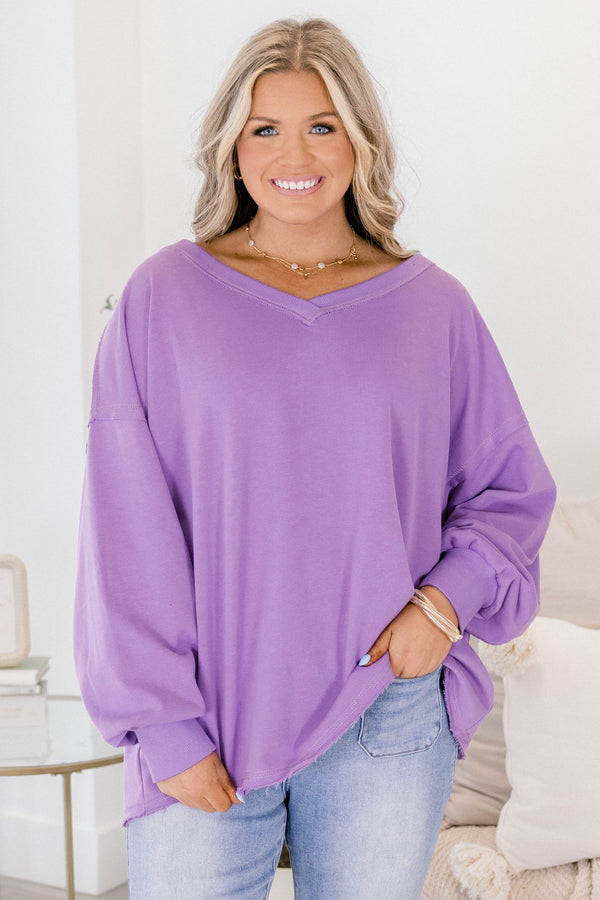 Chic Soul plus size clothing, purple pullover with long bubble sleeves as well as a slight v-neckline 