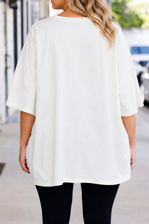 Chic Soul plus size clothing, short-sleeve ivory boyfriend tee with graphic of black bows and carved pumpkins