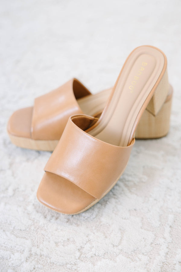 Plus Size brown faux leather slide sandals with a square toe and a chunky wood-look block heel.