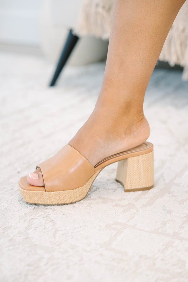 Plus Size brown faux leather slide sandals with a square toe and a chunky wood-look block heel.
