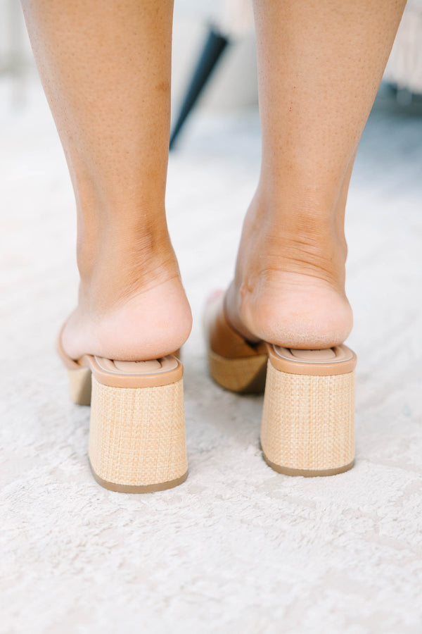 Plus Size brown faux leather slide sandals with a square toe and a chunky wood-look block heel.