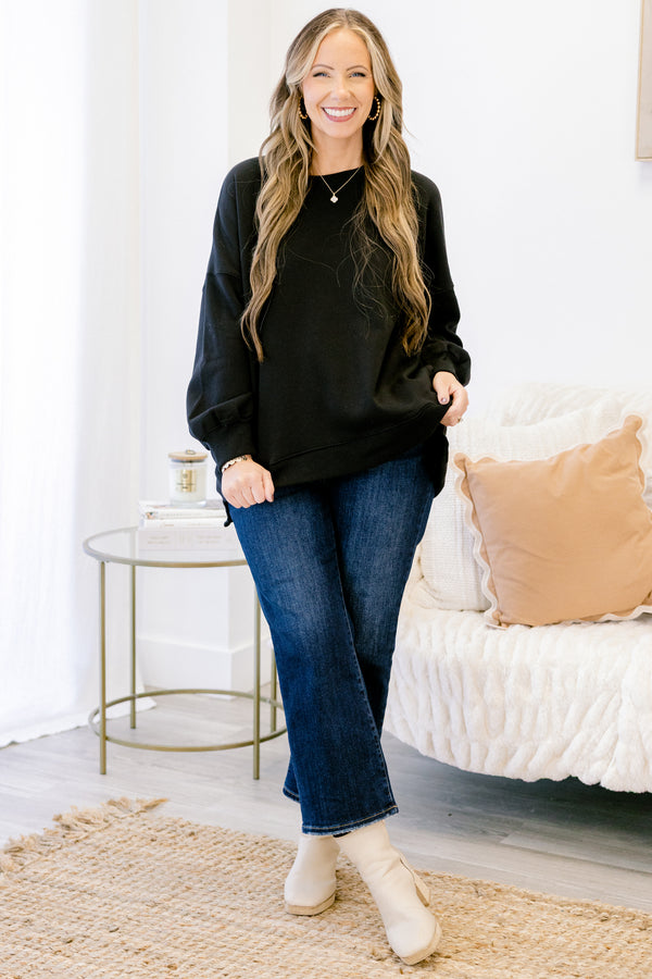 Chic Soul plus size clothing, black long sleeve pullover with round neckline and cuff sleeves with slight bubble sleeves
