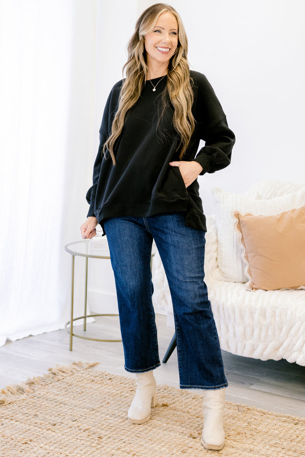 Chic Soul plus size clothing, black long sleeve pullover with round neckline and cuff sleeves with slight bubble sleeves