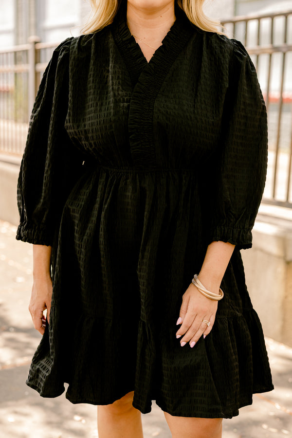 Chic Soul plus size clothing, black ¾ bubble sleeve knee length tiered flowy dress
