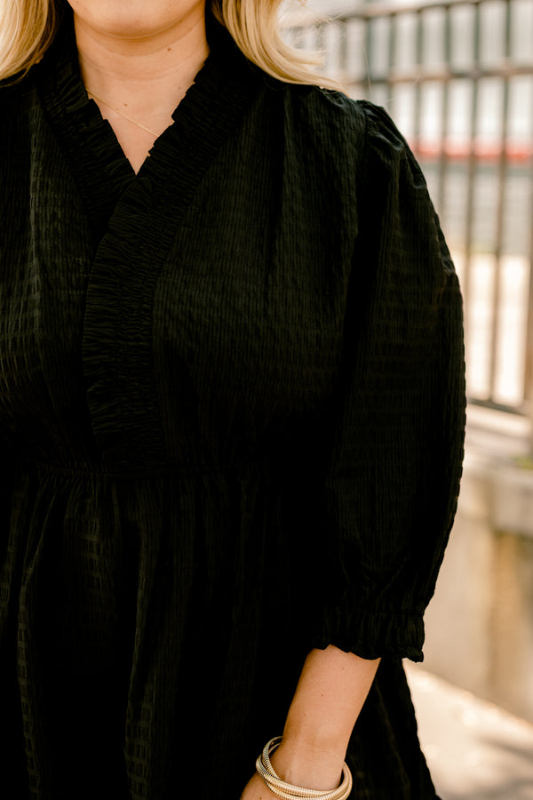 Chic Soul plus size clothing, black ¾ bubble sleeve knee length tiered flowy dress
