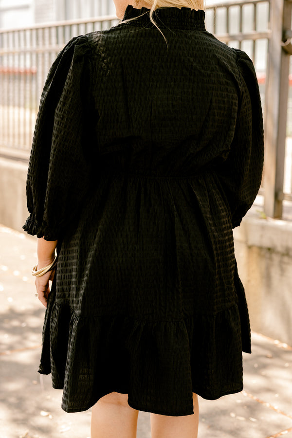 Chic Soul plus size clothing, black ¾ bubble sleeve knee length tiered flowy dress
