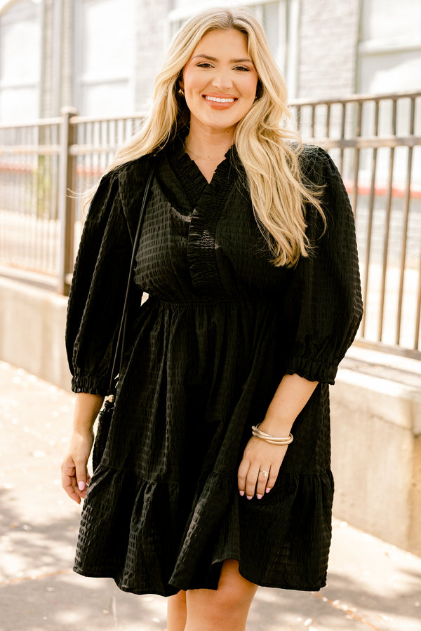 Chic Soul plus size clothing, black ¾ bubble sleeve knee length tiered flowy dress
