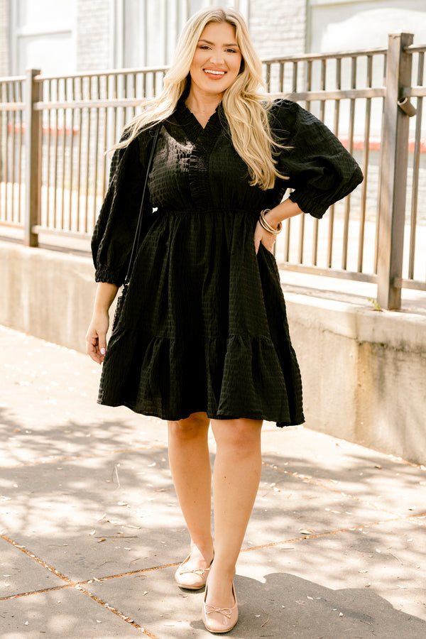 Chic Soul plus size clothing, black ¾ bubble sleeve knee length tiered flowy dress
