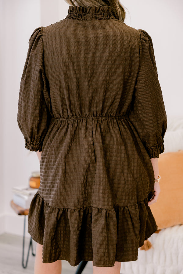 Chic Soul plus size clothing, brown long sleeve short dress with bubble sleeves and a ruffle hem