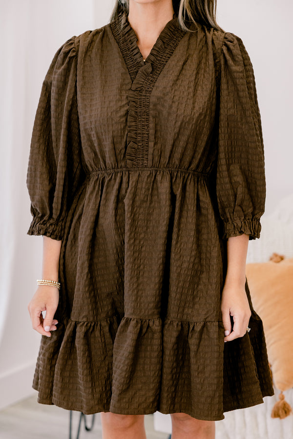 Chic Soul plus size clothing, brown long sleeve short dress with bubble sleeves and a ruffle hem