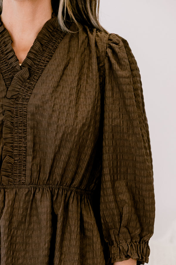 Chic Soul plus size clothing, brown long sleeve short dress with bubble sleeves and a ruffle hem