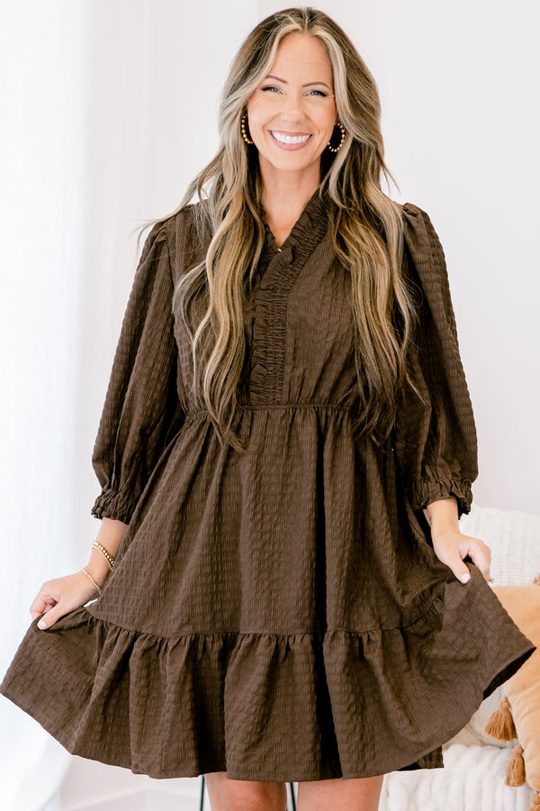 Chic Soul plus size clothing, brown long sleeve short dress with bubble sleeves and a ruffle hem
