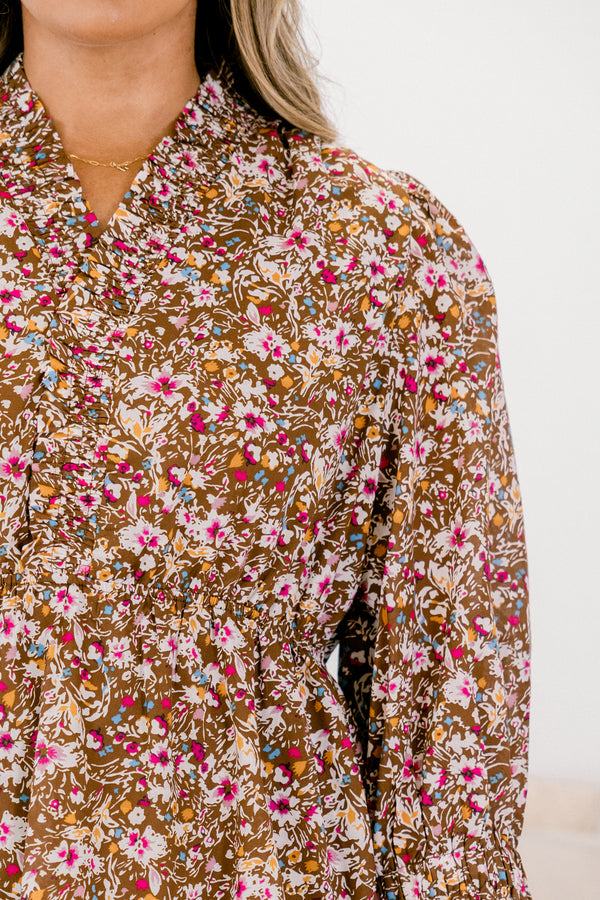 Chic Soul plus size clothing, brown floral ¾ bubble sleeve knee length tiered flowy dress