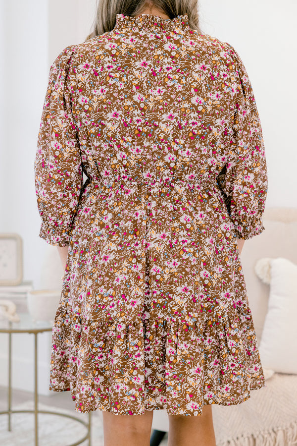 Chic Soul plus size clothing, brown floral ¾ bubble sleeve knee length tiered flowy dress