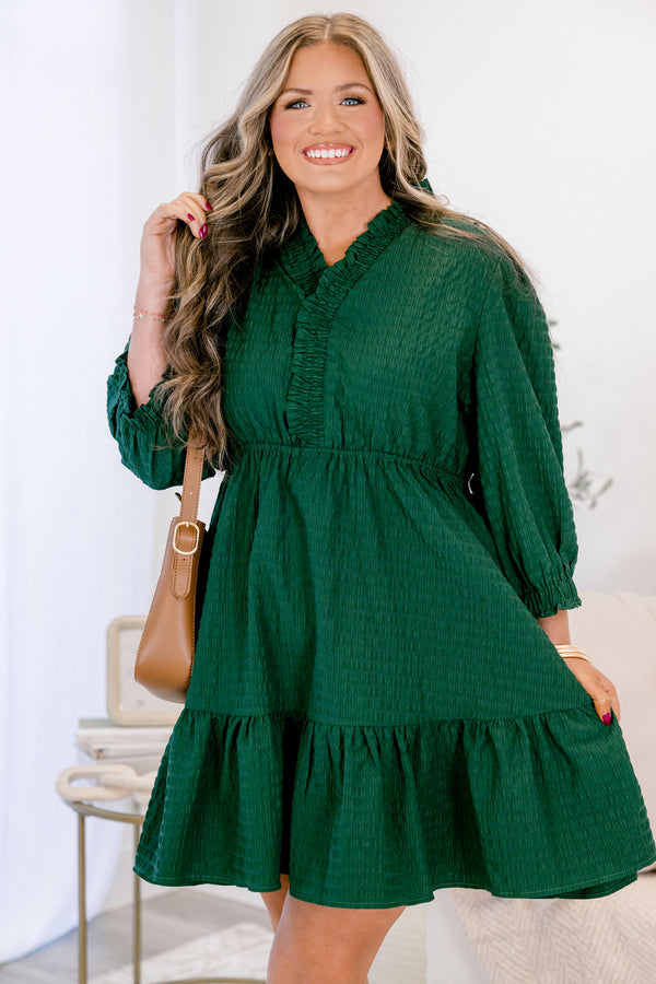 Chic Soul plus size clothing, dark green long bubble sleeve short flair baby doll dress with ruffles along the neckline and hem