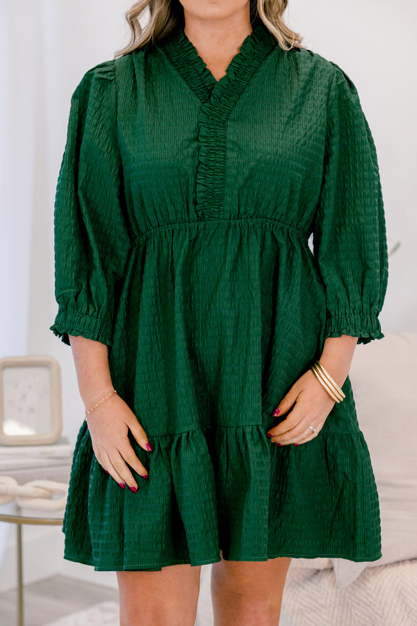 Chic Soul plus size clothing, dark green long bubble sleeve short flair baby doll dress with ruffles along the neckline and hem